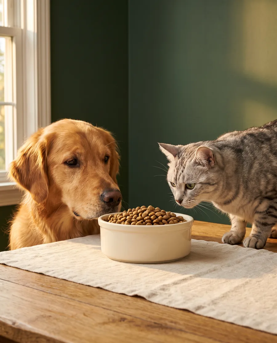 A golden retriever and a silver tabby cat eyeing a full bowl of Wag & Whisker supper