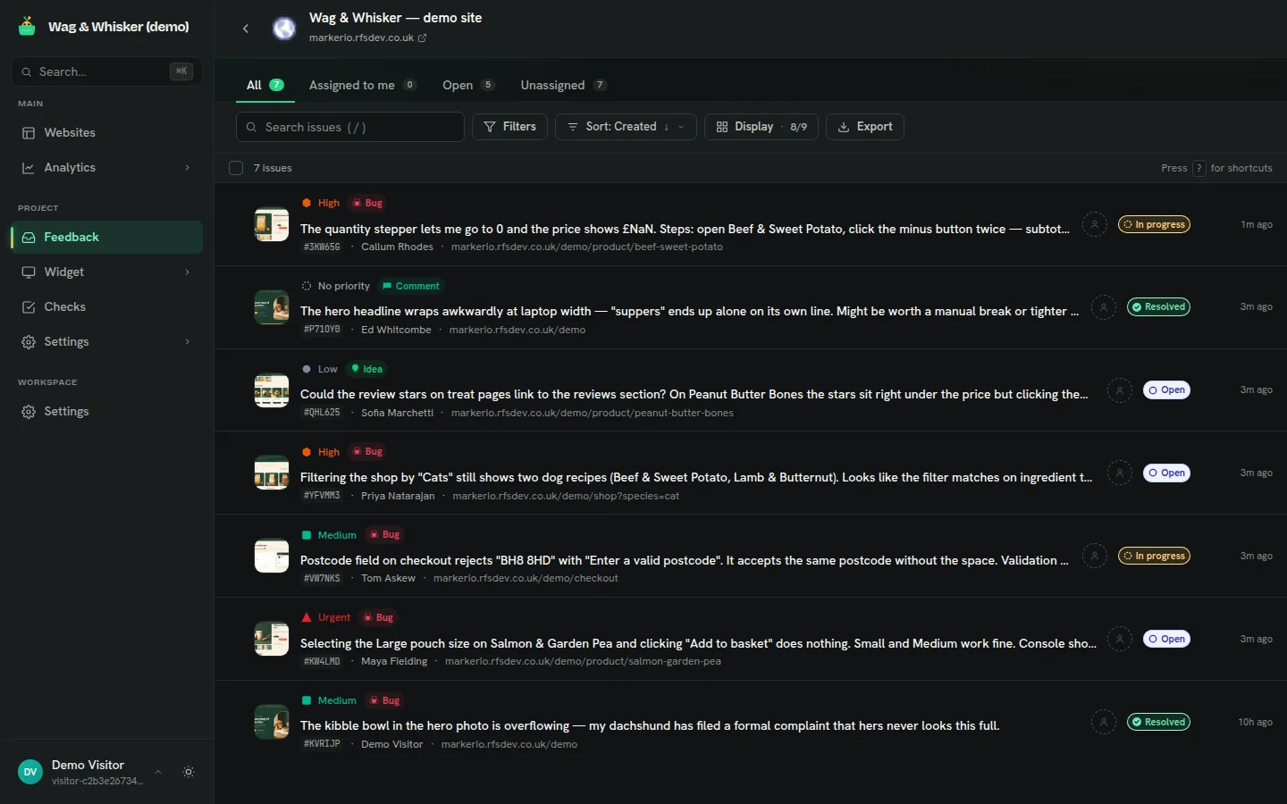 The Bugpot triage inbox showing reports with priorities, statuses, types and screenshot thumbnails