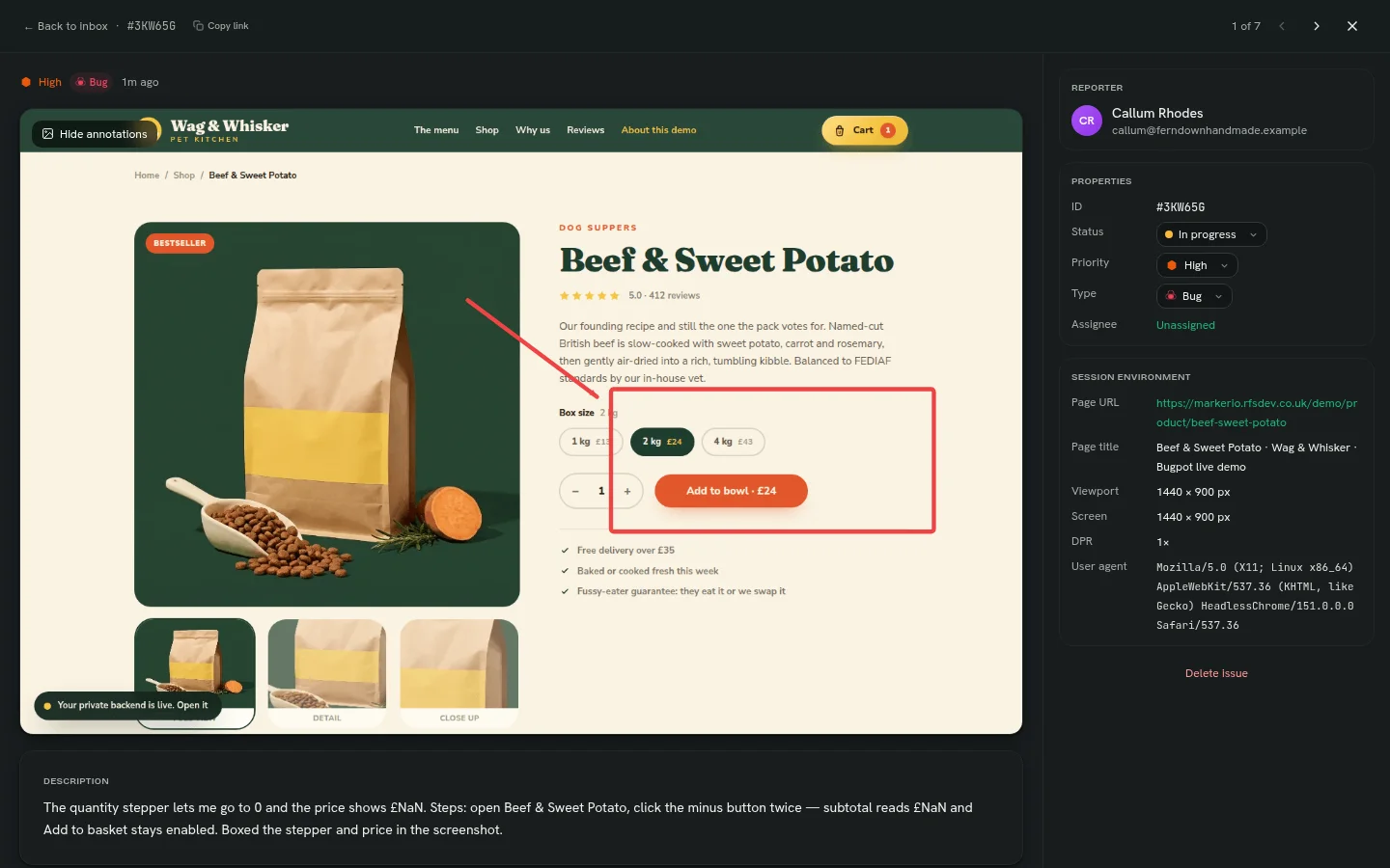 A Bugpot report: annotated screenshot of a product page beside reporter details, priority, and browser environment
